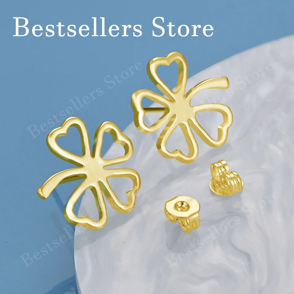 Exquisite 18K Gold-Plated Openwork Four-Leaf Clover Stud Earrings – Stylish Women's Wedding Jewelry & Party Gift