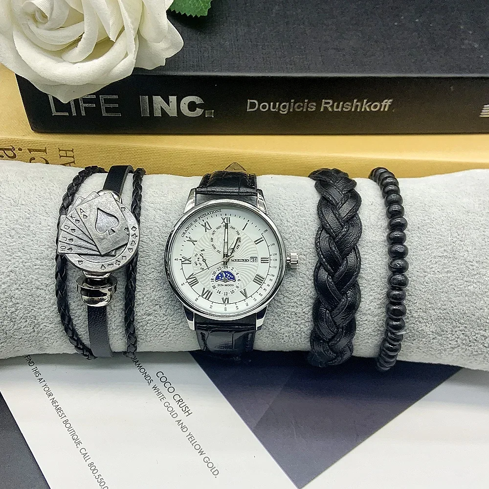 5Pc Heren Echt Quartz Horloge Klassiek Mode Trend Hoogwaardig Temperament Heren Horloge Inclusief Armband Doos Voor Het Bedrijfsleven