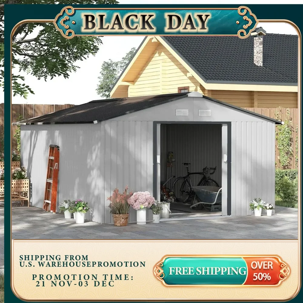 11 x 13FT white outdoor storage shed, garden tool room with basic kit, 4 ventilation openings, and 2 easy sliding doors