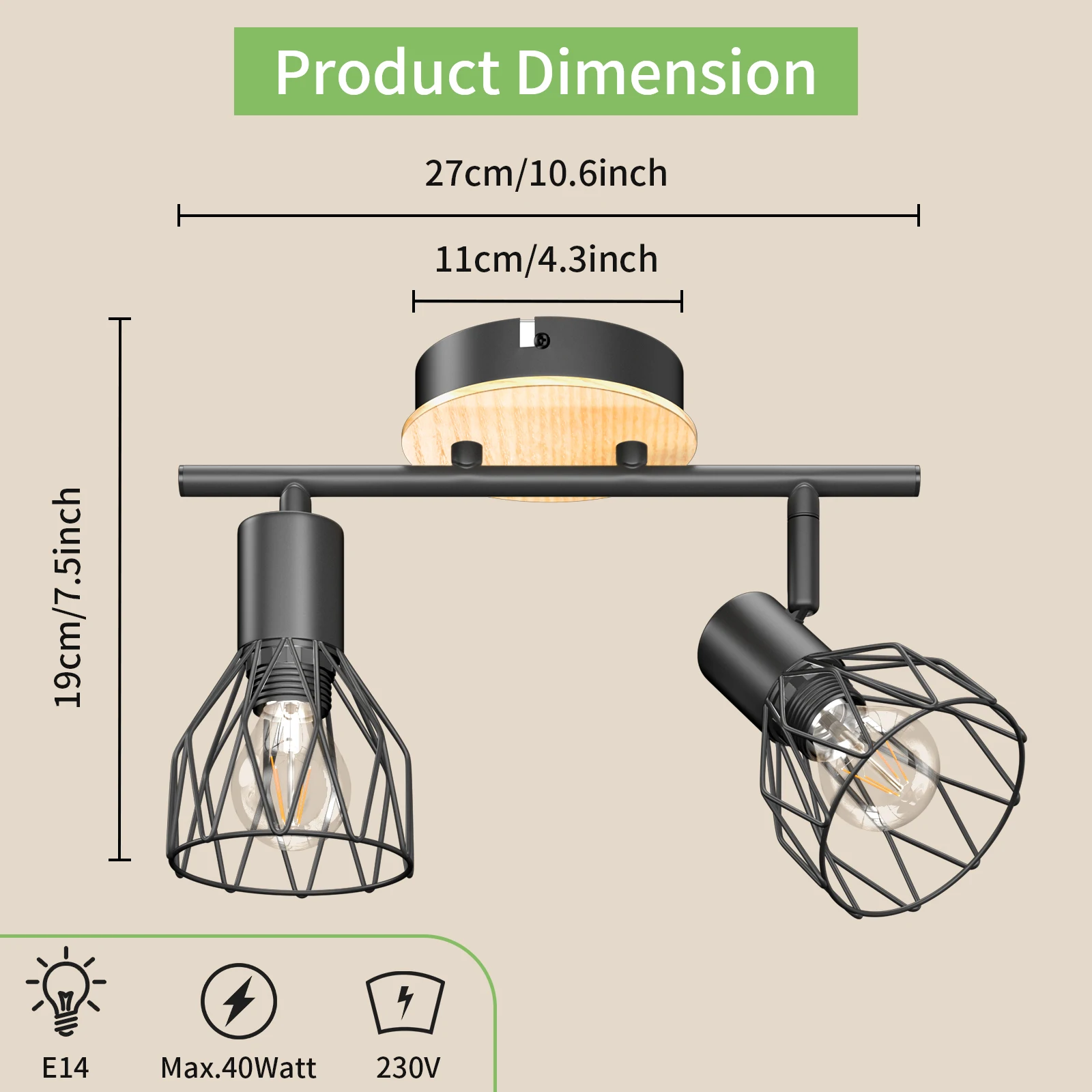 Kimjo E14 Spot Light Fittings 2 Way Ceiling Light - Rotatable Led Ceiling Light Industrial-Ceiling Wall Lights Wood  No Bulbs