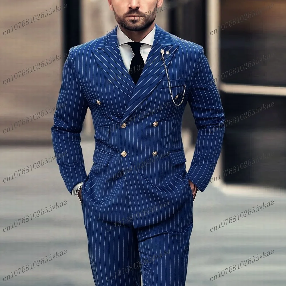 Elastic Stripe Dark Blue Men Business Suit Groom Groomsman Wedding Party Formal Prom Male Tuxedos 2 Piece Set Jacket And Pants