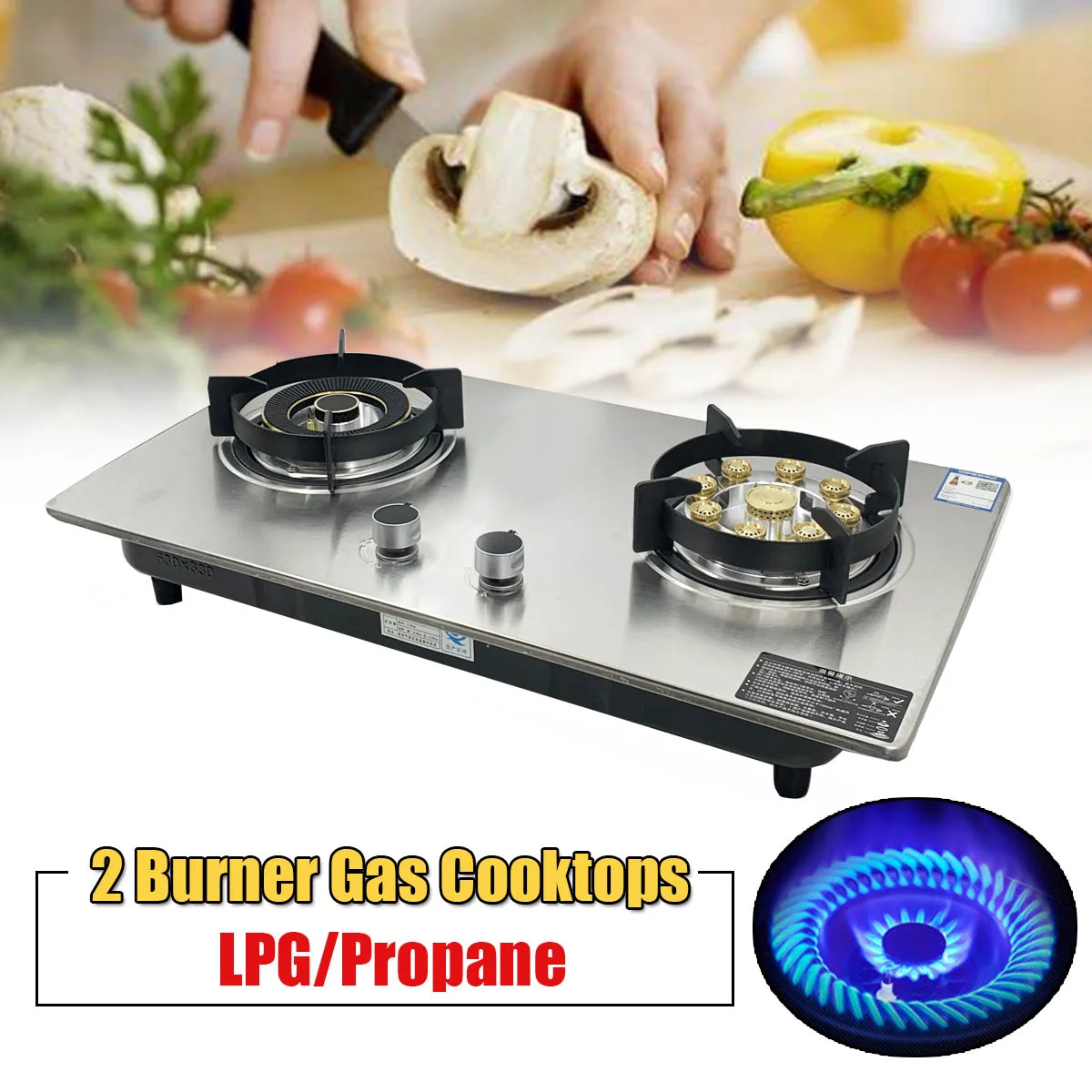 Double Burner Gas Cooker Stainless Steel Gas Stove LPG/Propane Gas Hob Double Flame 4.5KW Left+5.2KW Right Burner