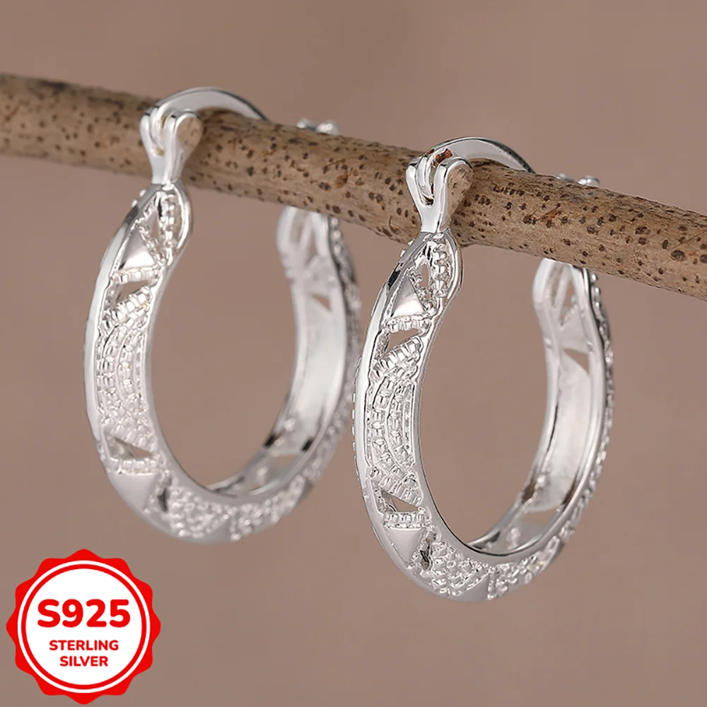 925 Sterling Silver 30mm Openwork U-Shaped Round Earrings for Women - Elegant Party Gift, Wedding Jewelry Accessories