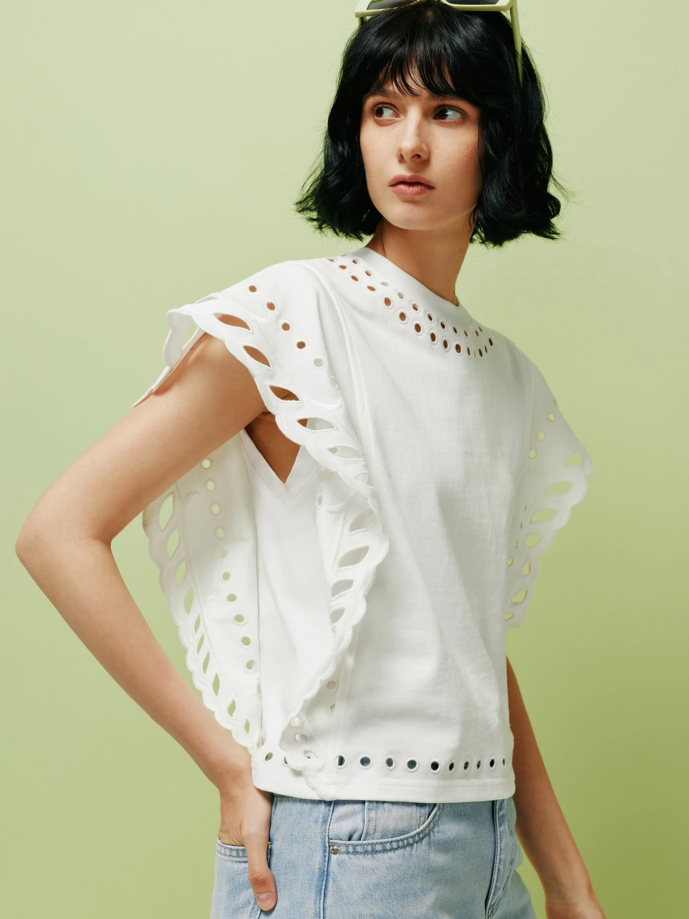 Heavy Embroidery Short T-Shirt 100 Grams Cotton Hollow out Wide Shoulder Style Casual Loose Fit round Neck Short Sleeve Top
