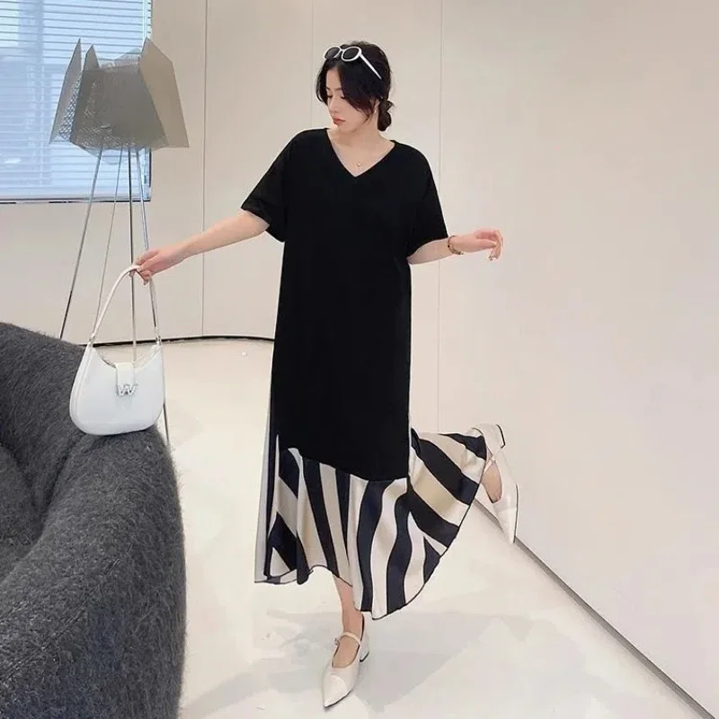 気質黒パッチワークストライプ Tシャツドレス新しいルーズ V ネックコントラストヴィンテージドレスファッションエレガントな女性服 XQ213