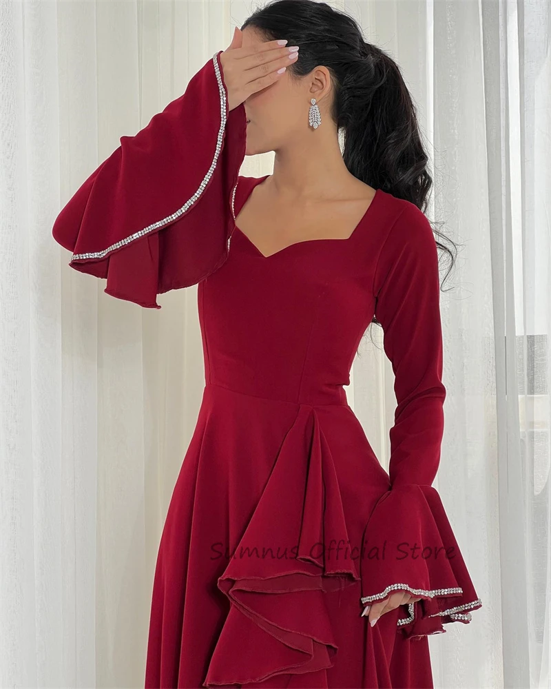 SUMNUS Vintage Burgundy Evening Dresses Saudi Arabic Women Flare Long Sleeves Ruffles Shiny Prom Gowns Event Formal Party Dress