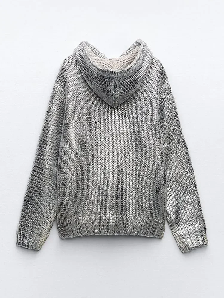 Silver Metallic Rib Trim Foil Hooded Sweater Chic Long Sleeve Drawstring Pockets Pullover Top 2023 Autumn Loose Women Sweatshirt