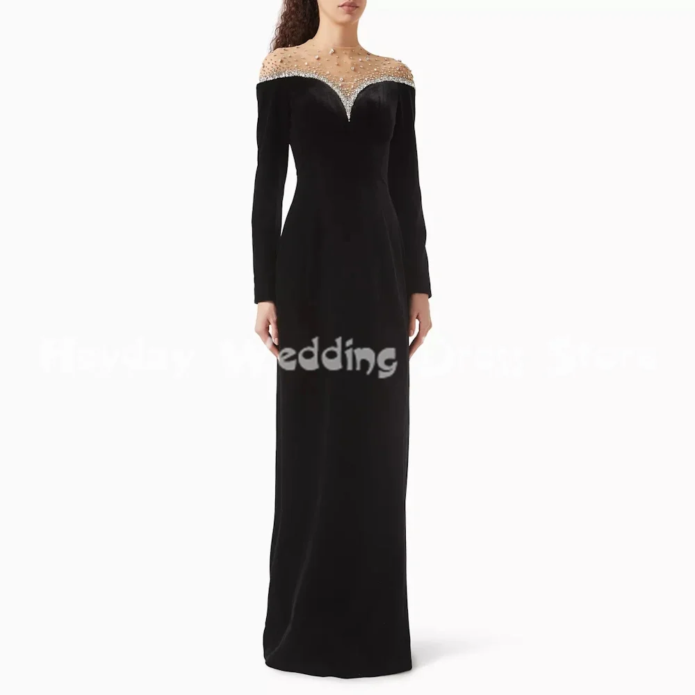 Heyday Women's Velour Straight O-neck Beaded Saudi Luxury Evening Dresses With Long Sleeves Floor-Length Elegant Dresses 2025