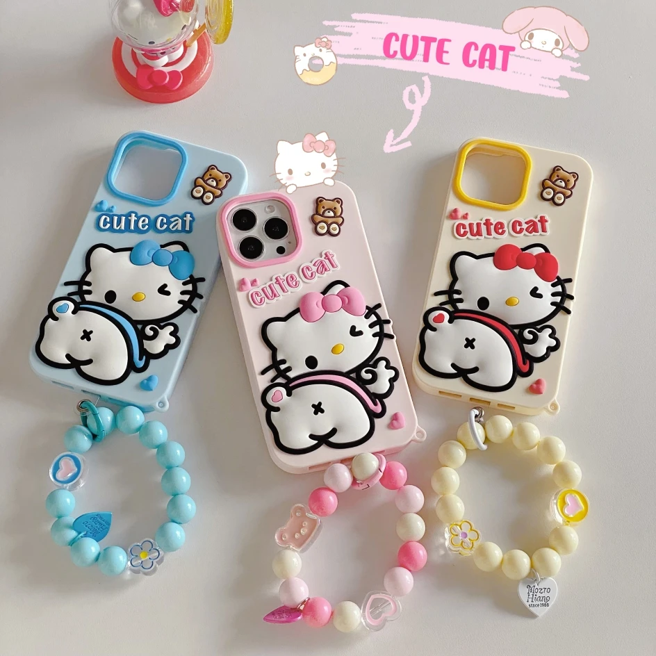 

Sanrio Hello Kitty Phone Cases For iPhone 14 Pro Max 13 12Pro 11 Back Cover 3D Cartoon Pochacco Pink Girl My Melody With Chain