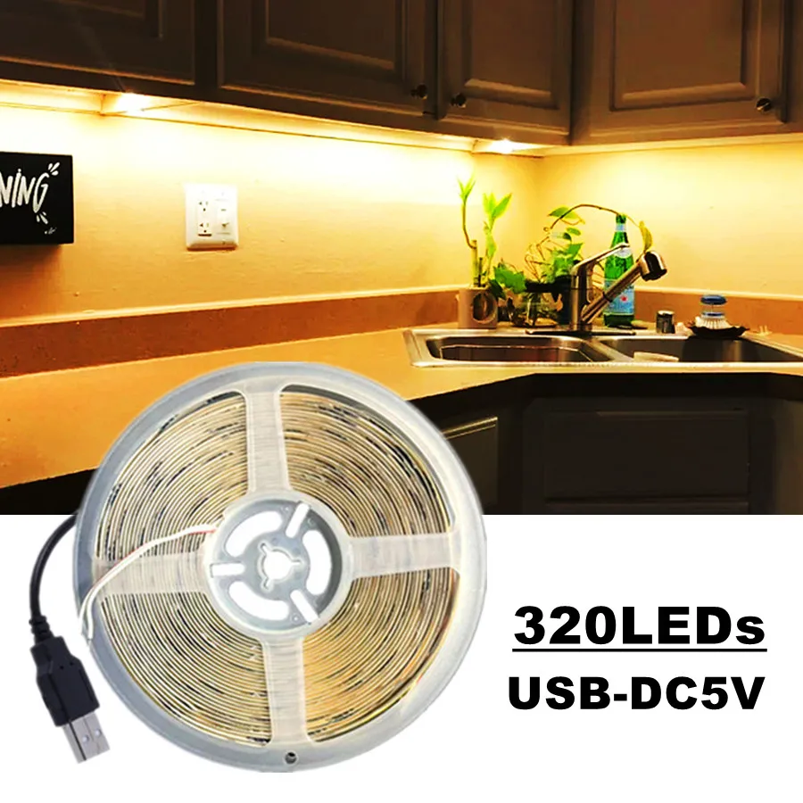 

8mm Width COB LED Strip 5V USB Flexible LED Tape 320LEDs COB Light with Adhesive High Density Linear Lighting 3000K/4500K/6500K