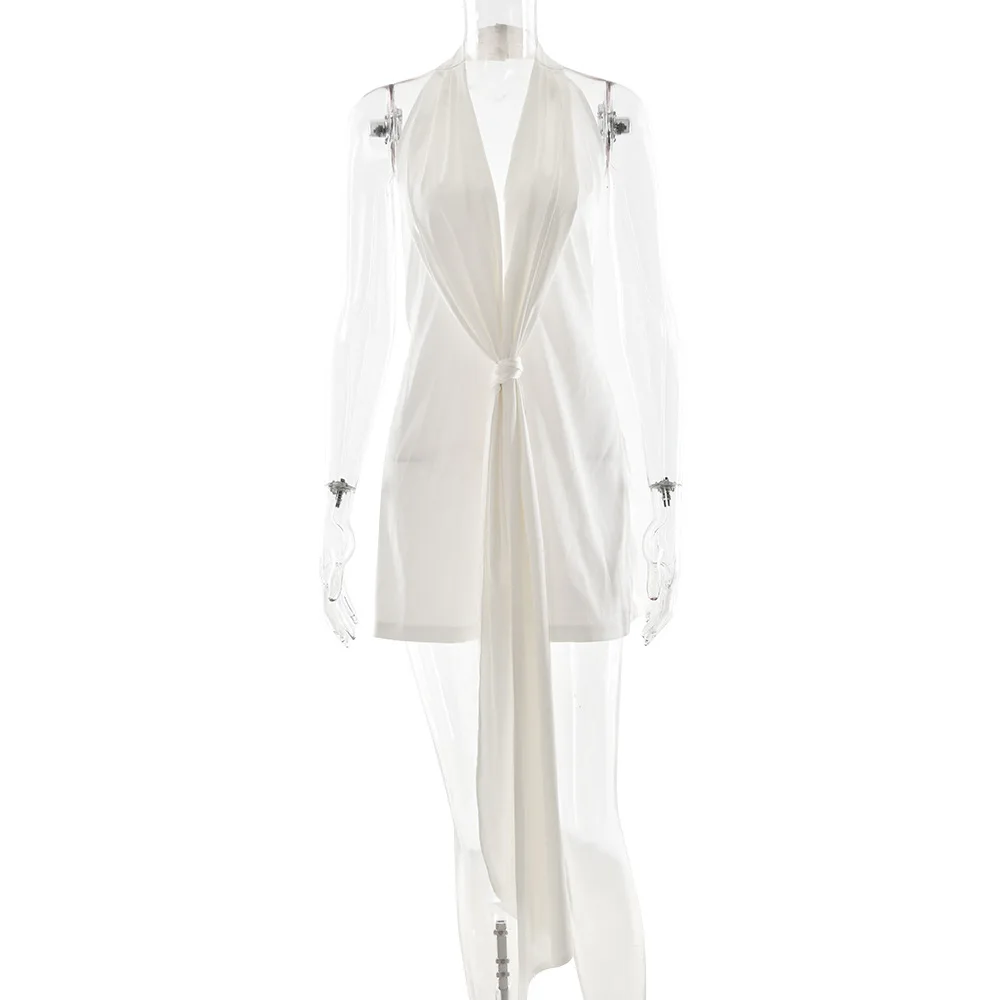 Women Sexy Tie Ribbon Glossy Satin Mini Dress Deep V Neck Sleeveless Halter Backless Lace Up Bodycon Party Clubwear Vestidos