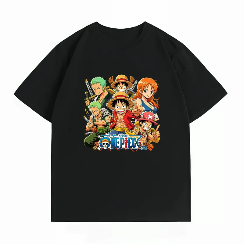 Bandai One Piece Straw Hat Crew All Members Print T-shirt Casual Short Sleeve Cotton Anime Streetwear Men's T-shirt