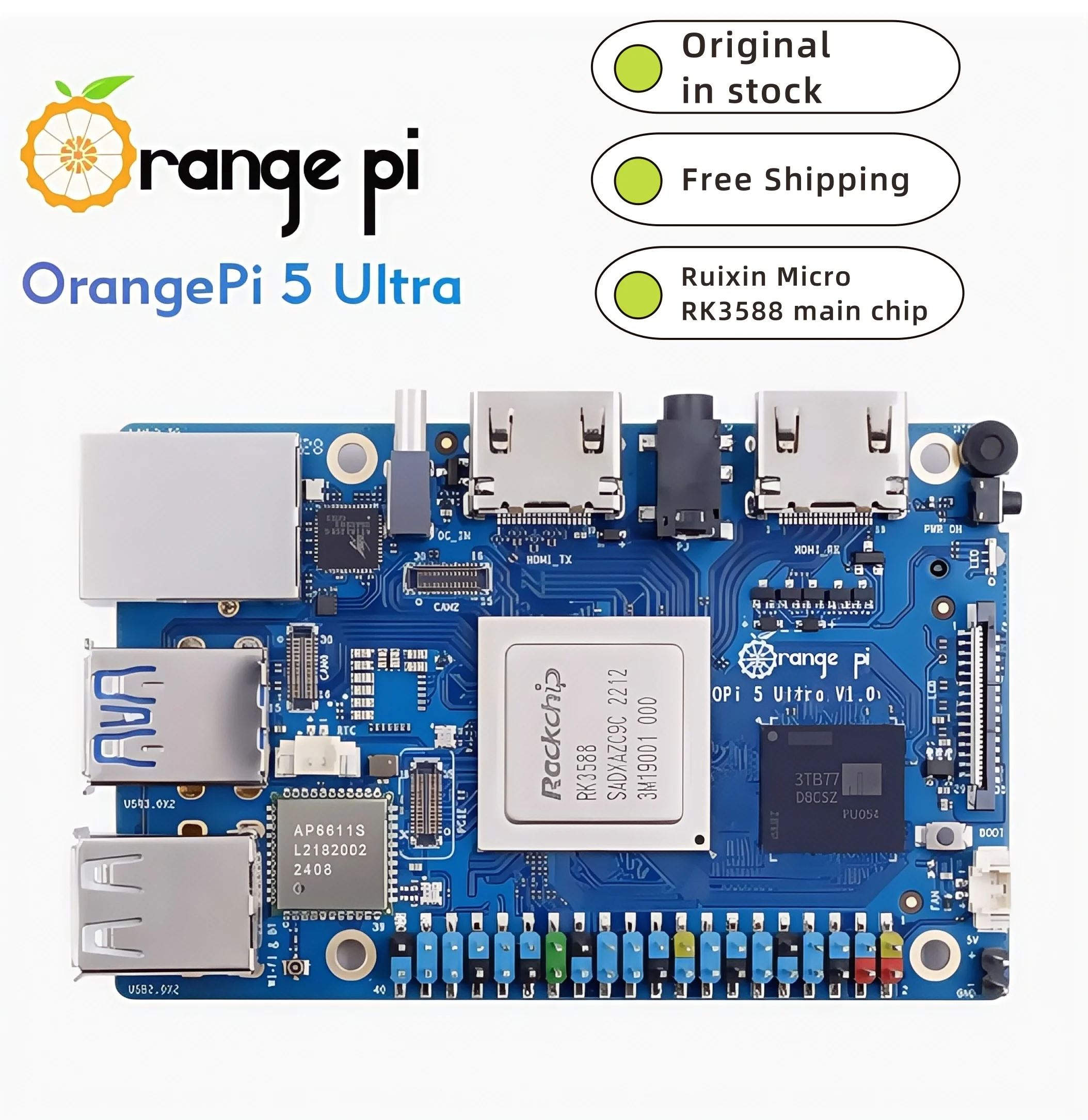 

Orange Pi 5 Ultra development board, featuring the Rockchip RK3588 octa-core 64-bit main chip.