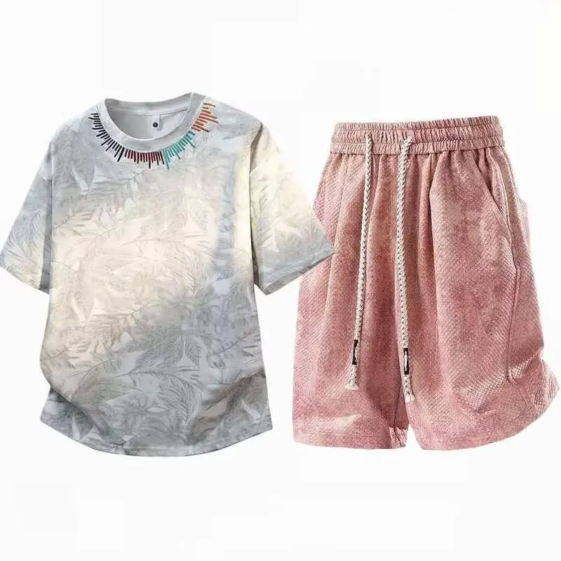 High street short sleeved T-shirt shorts casual suit men's summer trendy brand plus size loose fitting clothes two-piece set