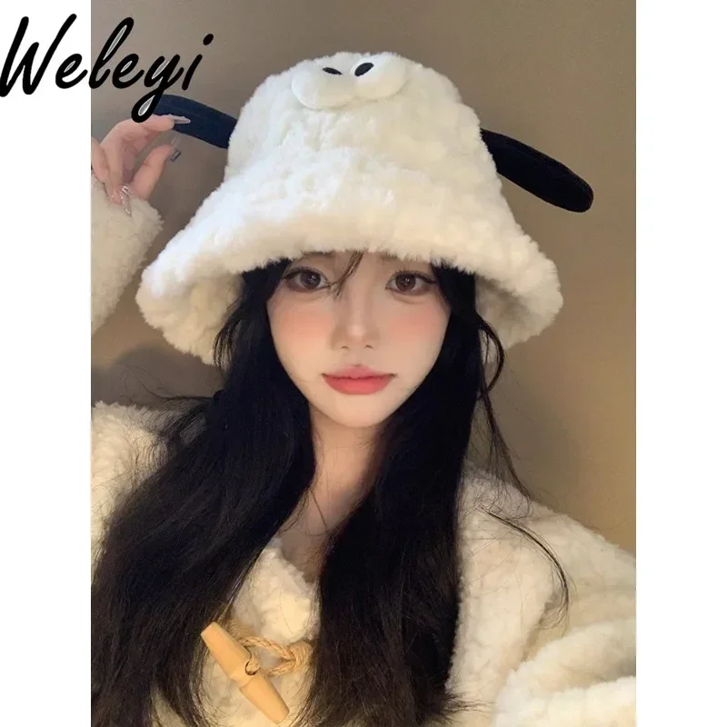 

Cute Cartoon Lamb White Plush Bucket Hat Female Touca Feminina Inverno 2024 Autumn and Winter New Thermal Caps for Women