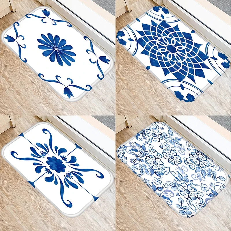 Anti-Slip Entrance Door Mat Blue White Ceramic Floor  Bathroom Kitchen Interior Rug Living Room  Home Decor