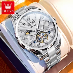 OLEVS 7028 NEW Hollow Automatic Watches for Men Moon Phase Calendar Man Watch Steel Strap Luxury Skeleton Mechanical Wristwatch