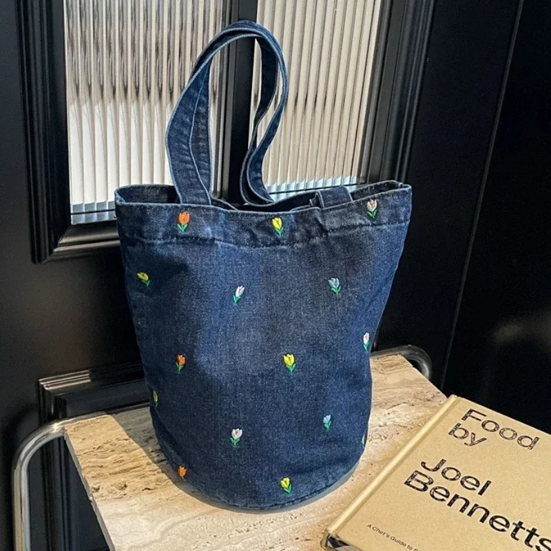 

Sewing Thread Hasp Solid Denim Elegant Handbags for Women 2024 Versatile Basic Style Embroidery Concise Casual Shoulder Bags