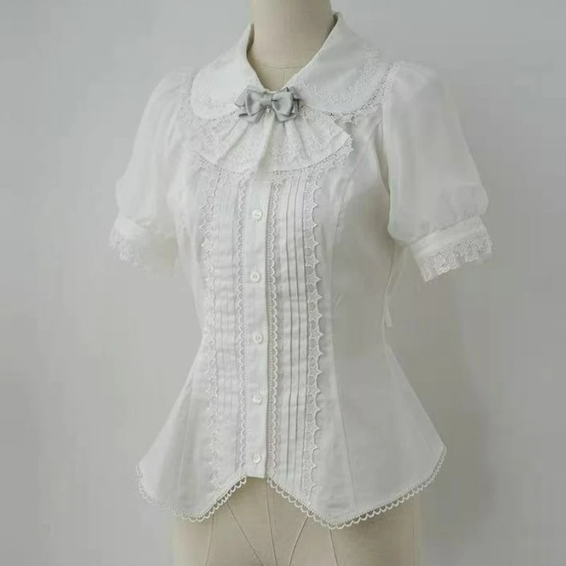 

Japanese Kawaii Lolita Style Shirts Women Sweet Bow Peter Pan Collar Lace Patchwork Short Sleeve Blouse Summer Y2k Cute Slim Top