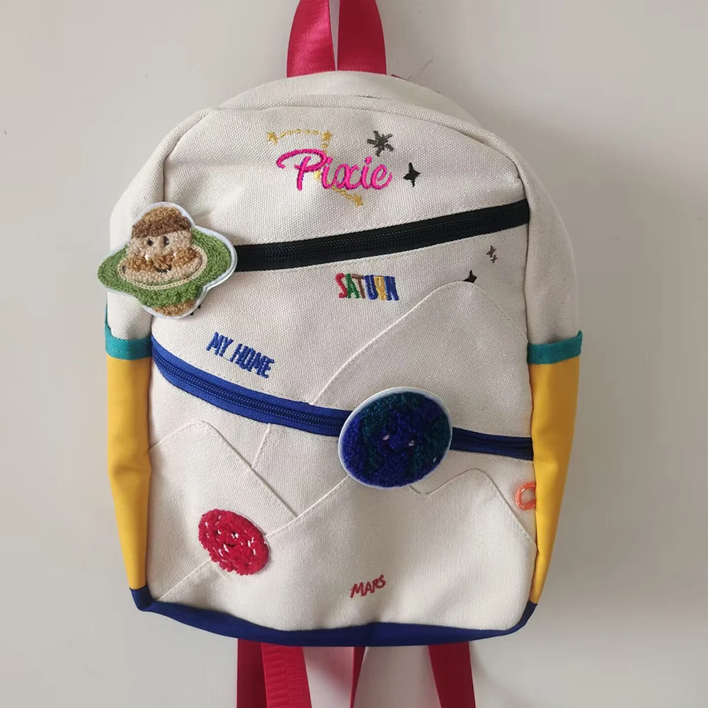 Embroidered Name Children\'s Bag Custom Kindergarten School Bag Cute Planet Lightweight Baby Backpack Girls Boys Canvas Backpack