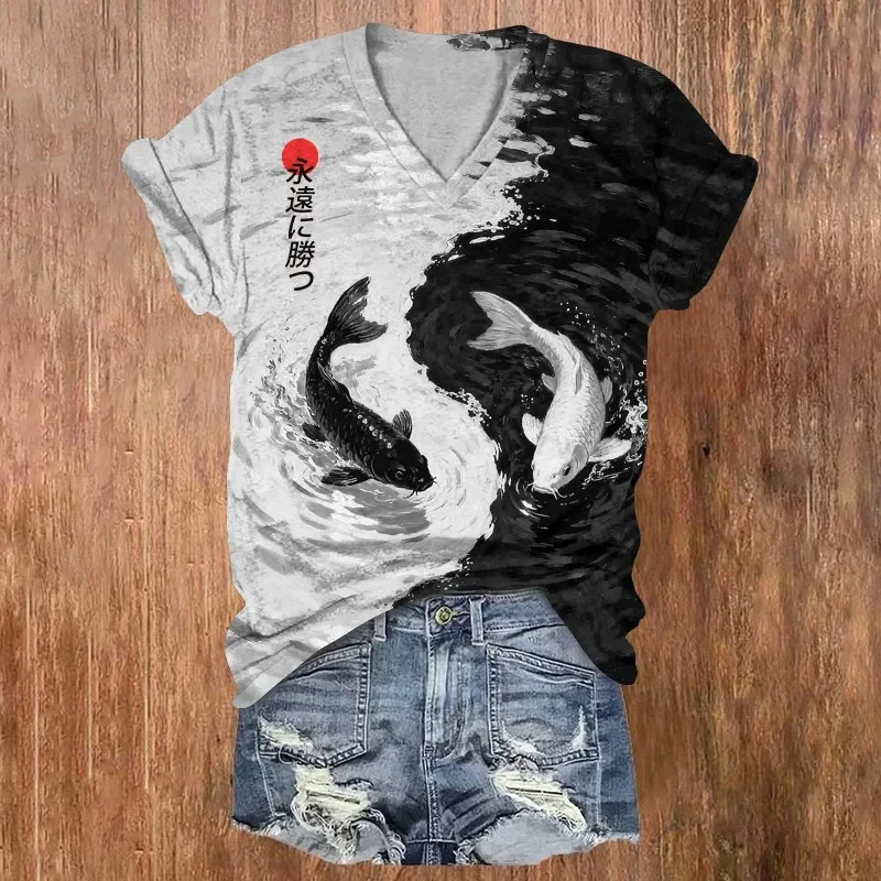 Summer Tops Casual T Shirts Japanese Ink-Wash Taiji Twin Fish Pattern Printed Short Sleeved V-Neck Women's T-Shirt
