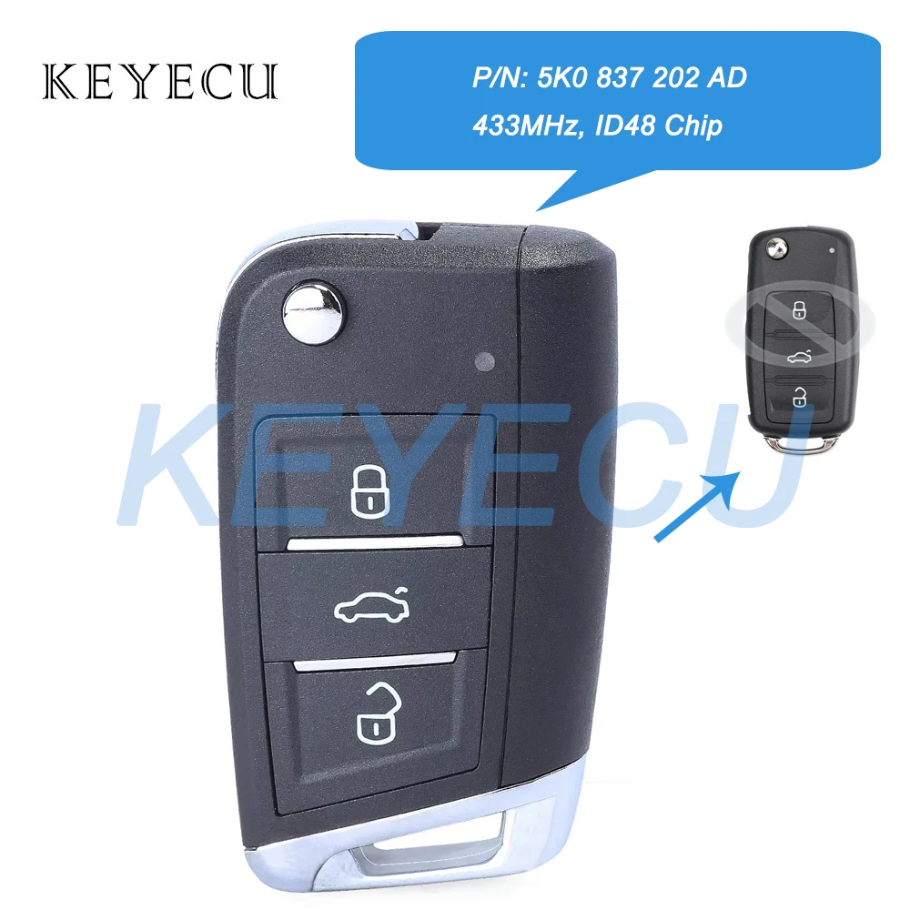 Keyecu 5K0837202AD 434MHz ID48 Chip Upgraded Flip Remote Key Fob 3 Buttons for Volkswagen Golf Passat Tiguan Polo Jetta Beetle