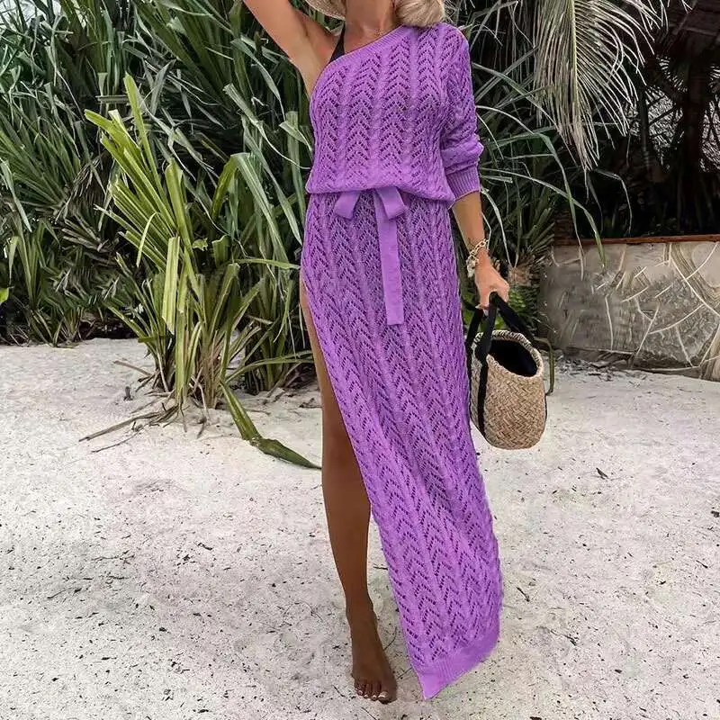 Asymmetric Hollow Knitted Women's Sexy One Shoulder Sleeve Beach Cover Up Dress Holiday High Split Sun Protection Dresses