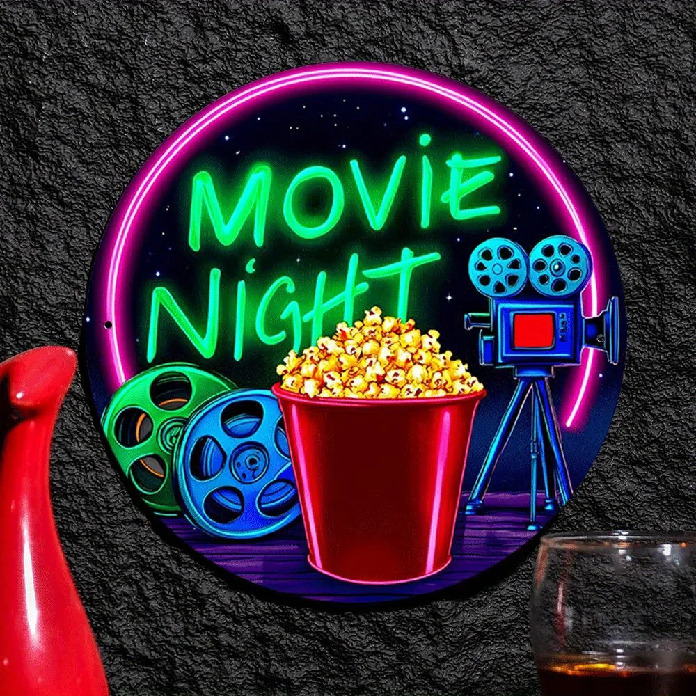 2D Flat, Vintage Neon Movie Projector & Popcorn Wall Sign - Retro Film Decor Suitable for, Cafe,, - No Electricity Round Sign fo