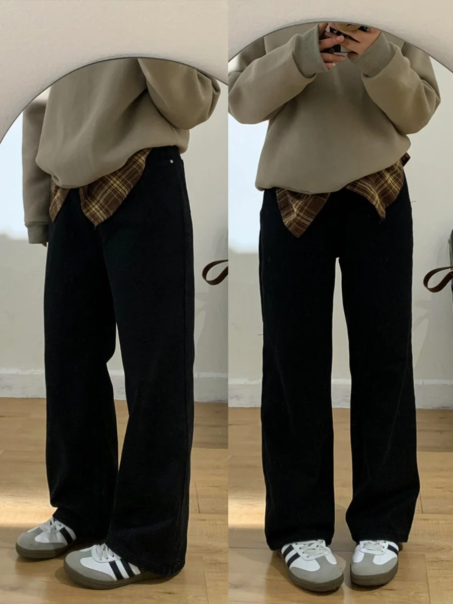 

Джинсы с высокой талией и широкими штанинами на флисовой подкладке для женщин, осенне-зимние, больших размеров, утягивающие, буткат, для фигуры типа «груша»