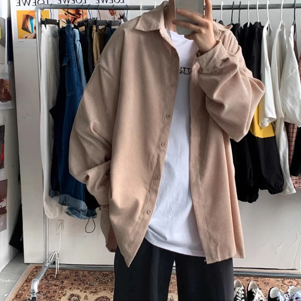 Korean Streetwear Corduroy Shirt Autumn Style Vintage Look Casual Style Long Sleeve Regular Length Slight Stretch