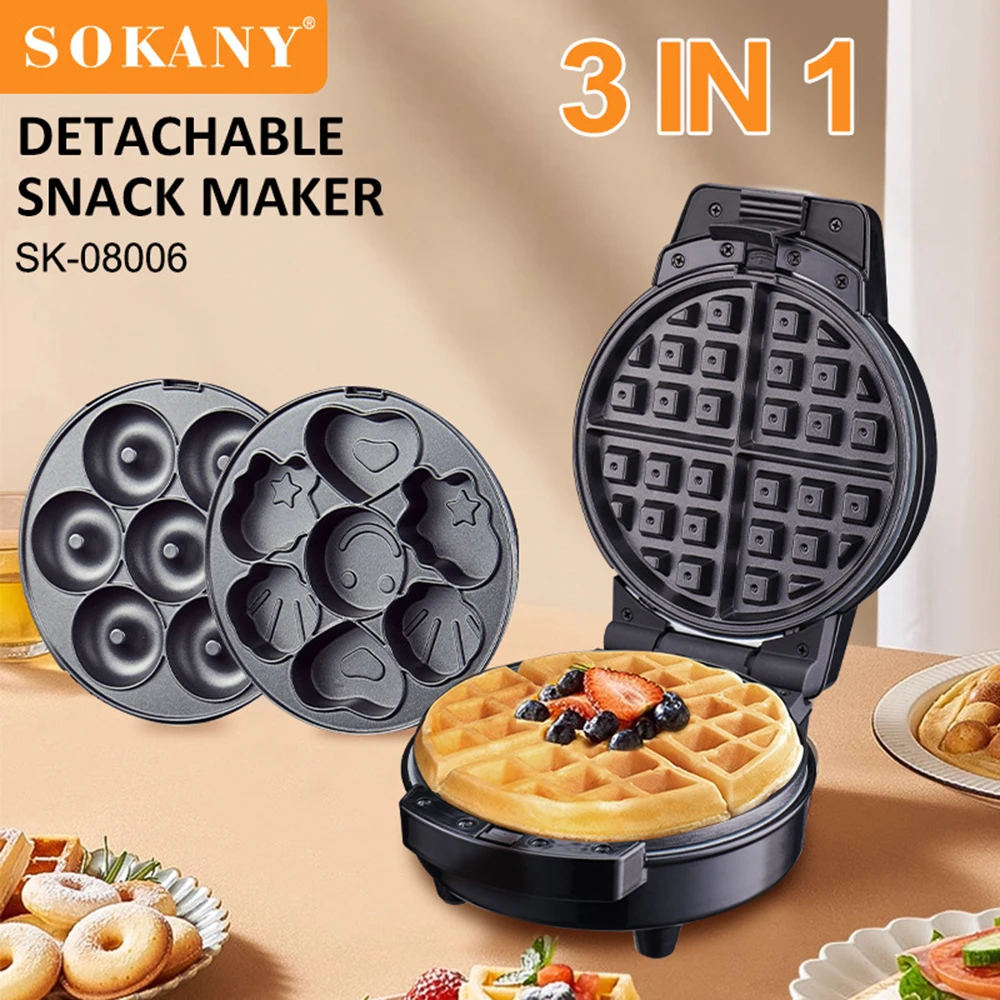 3-in-1 Detachable Waffle Sandwich Donut Machine Roaster High Efficiency Double-sided Heating for Breakfast and Afternoon Tea Use