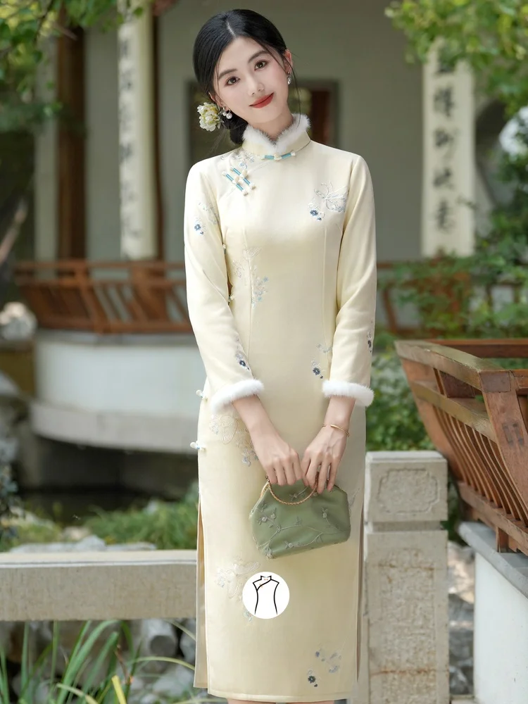 

Young Girl's Winter Long Qipao Embroidered Floral Warm Fce Inner Chic Chinese Sle Daily Wear Low Slit Long Sve Dr