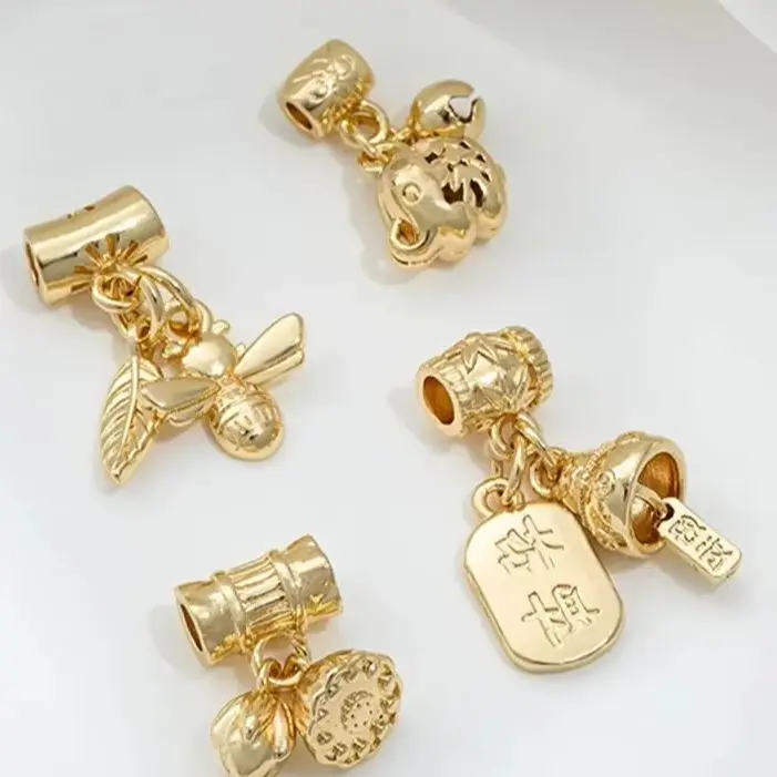 14K Gold-wrapped Two Worlds Lotus Pod Lucky Cat Bee Baby Elephant Bell Bucket Bead Pendant Handmade Jewelry Pendant