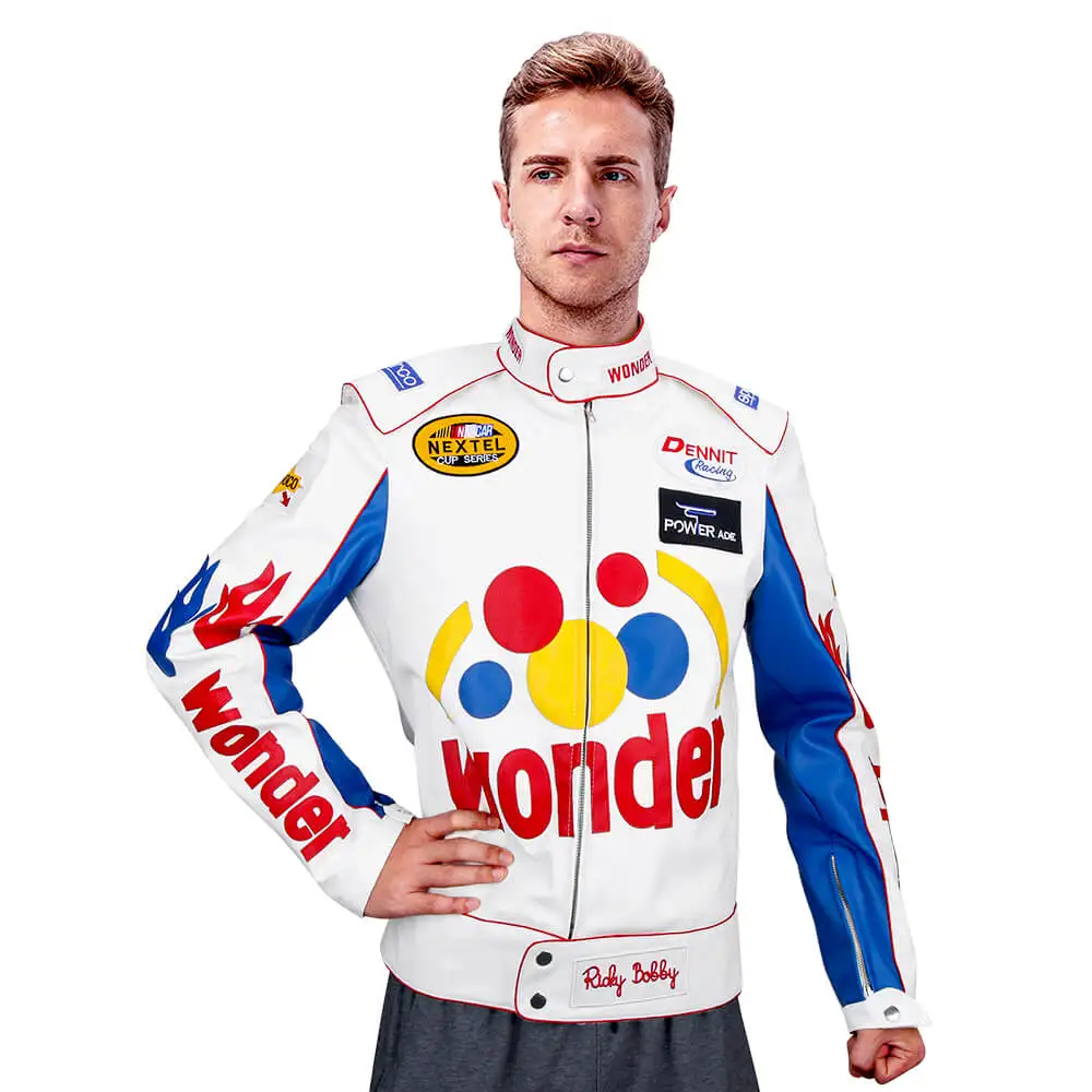 

Ricky Bobby White Racing Jacket Wonder Motorcycle Cosplay Costume Racing Apparel Talladega Nights The Ballad of Ricky Bobby In