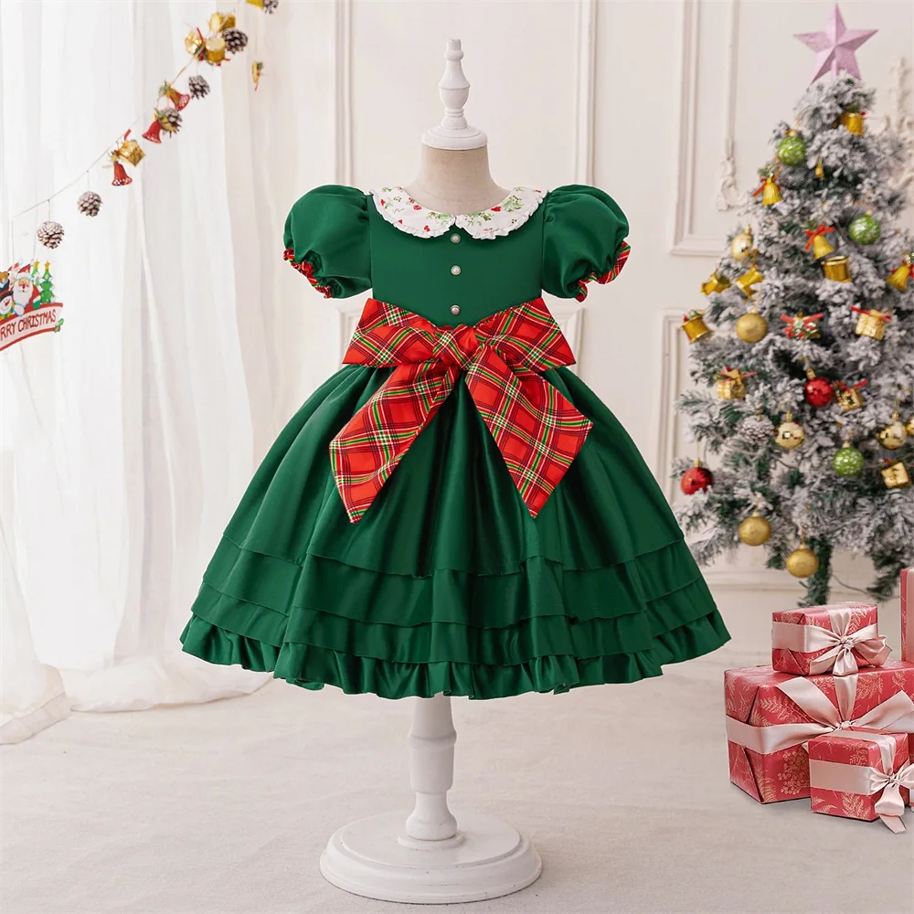 Young Christmas Red Big Bow Party Dress Girls Lolita Cute Princess Gown Kids Fluffy Santa Claus Costume Girl Vintage Green Wear