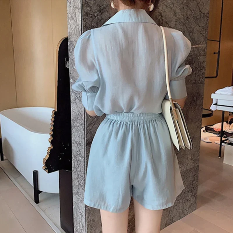 Summer 2024 New Elegant Fashion Solid Puff Sleeve Pockets Chiffon Casual Suit Shorts Two Piece Set Office Lady Vocation Clothing