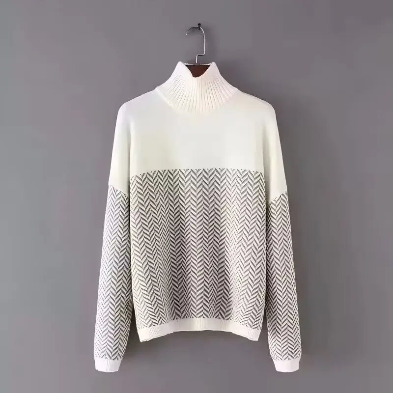 

Color Matching Pullover Sweater Elegant Lady High Neck Long Sleeves Simple Warm Winter Knitwear Soft Chic Female Tops Streetwear