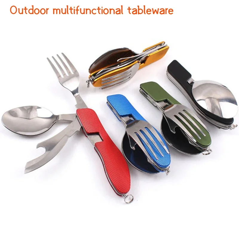 Aço inoxidável Fold Talheres Set, Louça multifuncional, colher dobrável, faca, garfo, abridor de garrafas, acampamento ao ar livre, piquenique, 4 em 1