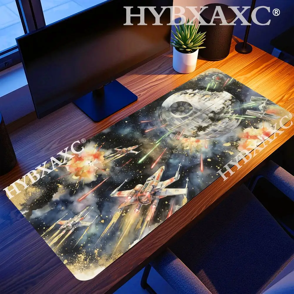 HYBXAXC Aesthetic Watercolor Gold Foil War Death Star Battle Mouse Pad, Gaming Desk Mat for PC, Space Art Office Pad
