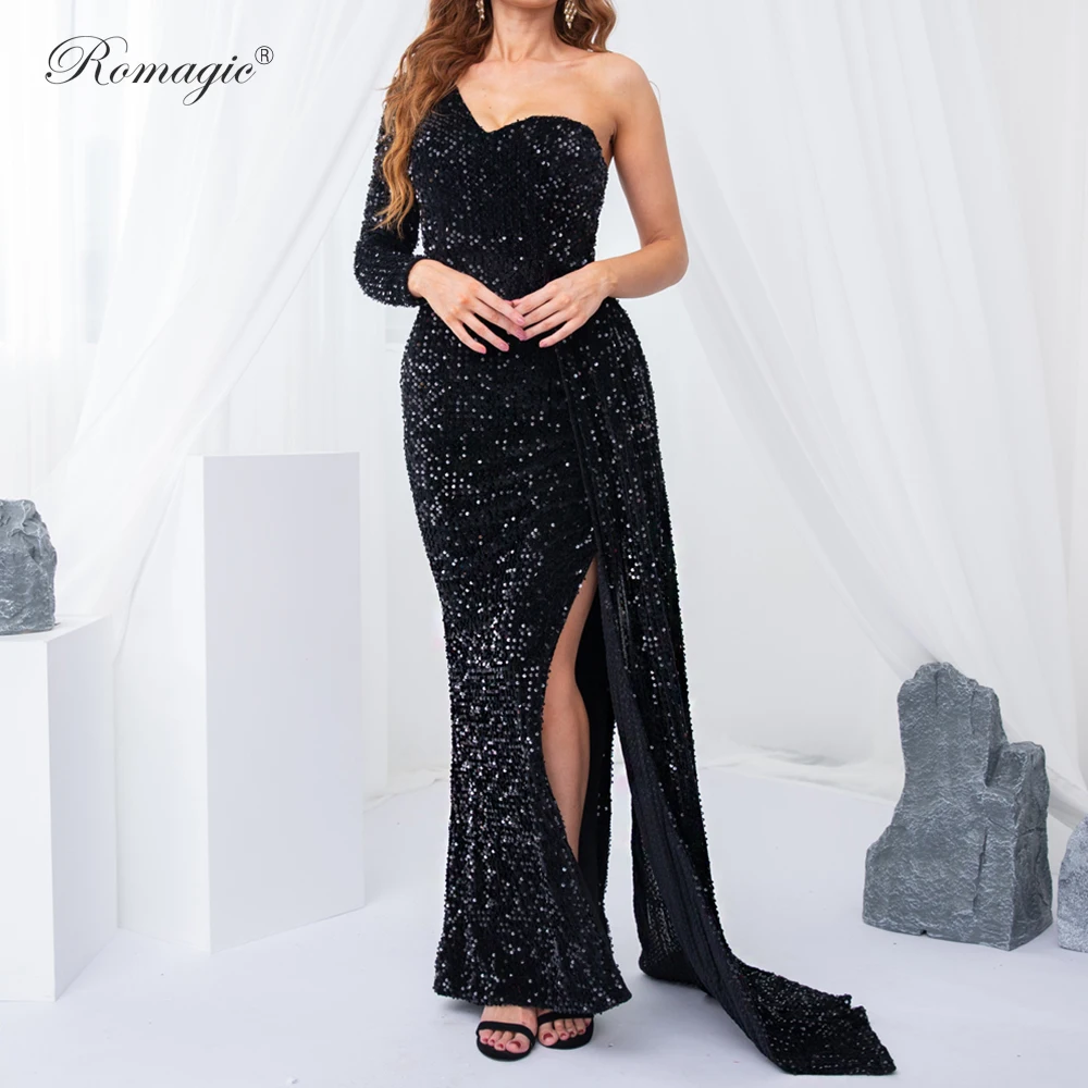 One Shoulder Full Sleeve Evening Gown Padded Luxury Sequins Long Streamer Sexy Split Floor Length Prom Party Dress Elegant Women