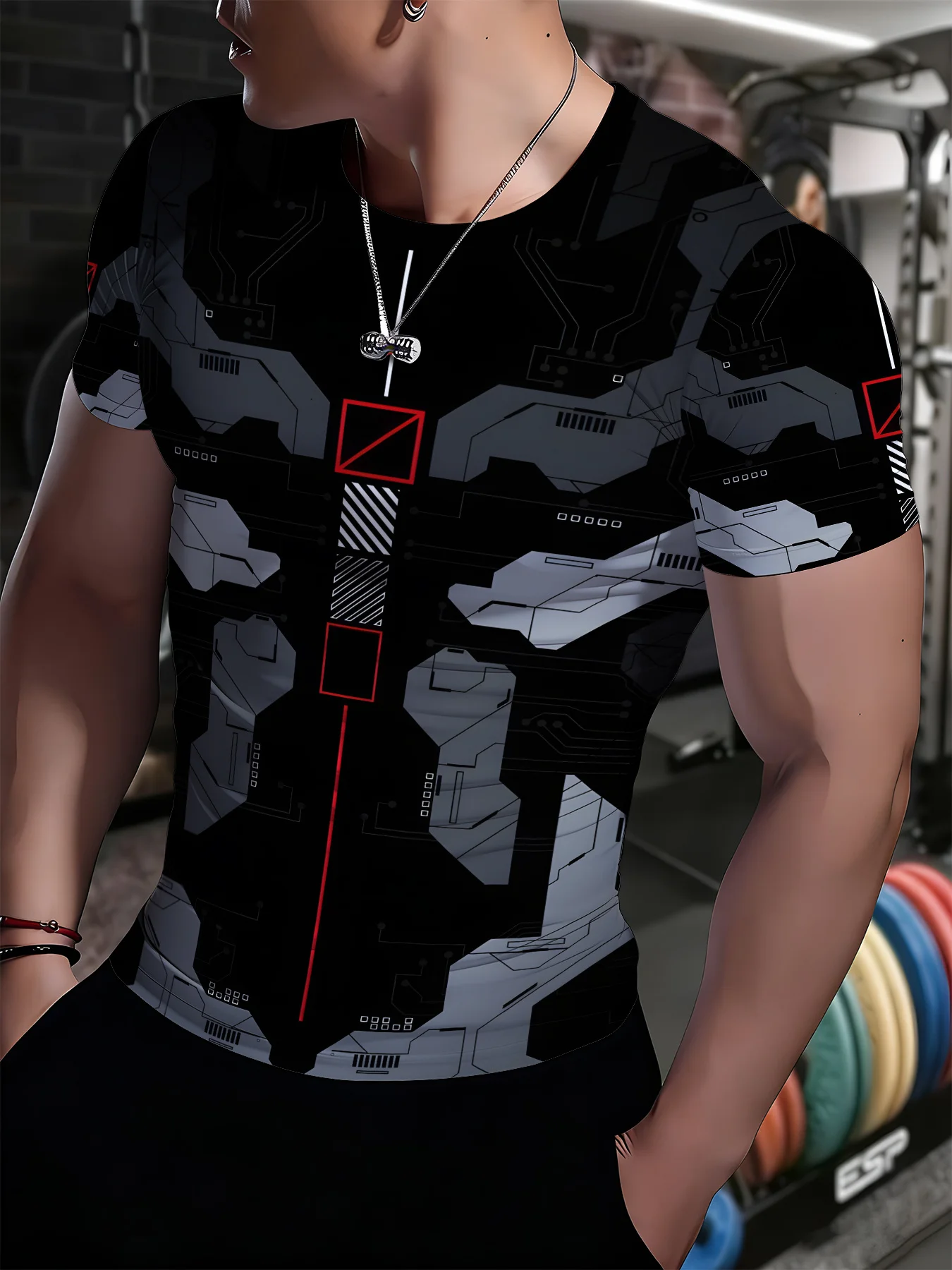 Men Short Sleeve T‑Shirt Round Neck Techwear Geometric Circuit Pattern Black Gray Red Casual Street Tops