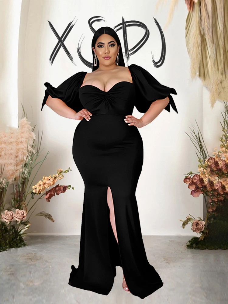 Dresses for Chubby Plus Size Tight Maxi Dress with Slit Sexy Ladies Puff Sleeve Wedding Dress Long Elegant Evening Dress Party