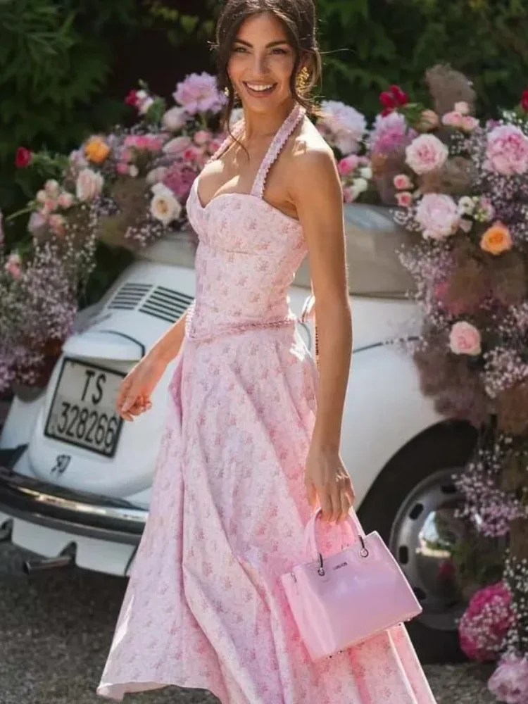 

Sweet Pink Print Sling Dress Women Backless Off Shoulder Slim Fit Patchwork Ruffle A-line Gown 2025 Summer Evening Party Vestido