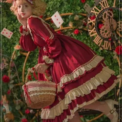 MAGOGO Girls Christmas OP Long Sleeve Lolita Dress Soft Sisters High Waist Ruffles Spliced Sweet Bow Party Court Vintage Dress