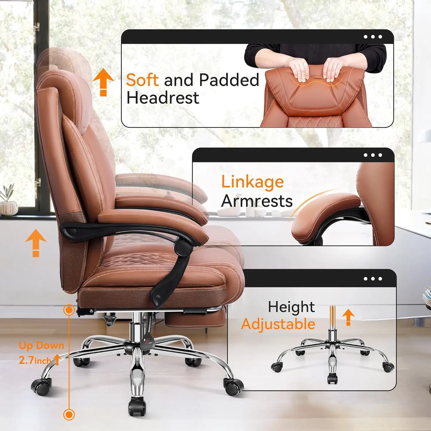 Executive Leather Chair Adjustable High Back, Ergonomic Computer Desk Chair Lumbar Support