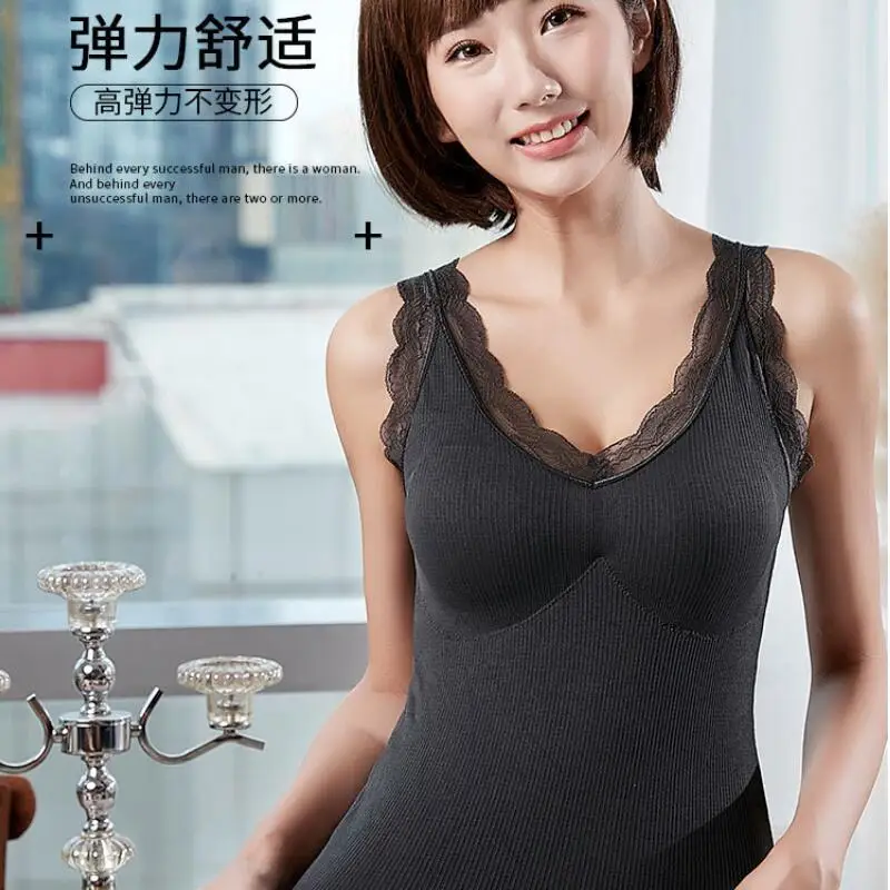 Damen-Herbst-Winter-Unterhemd mit Spitzenkanten, weicher Komfort, warme Weste, eng anliegende Innenschicht mit warmer Basis aus dickem Samt ﻿