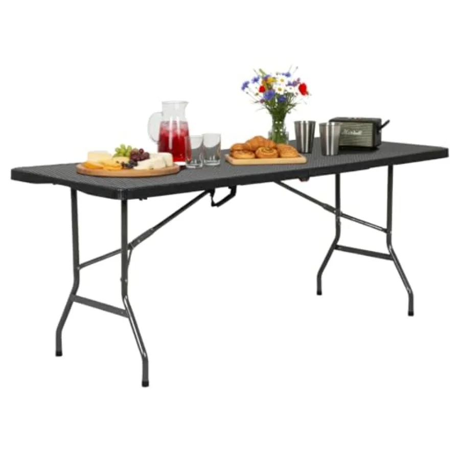 

6FT Folding Table Portable Fold-in-Half Plastic Picnic Party Table with Carrying Handle for Outdoor Events Camping Trips Backya