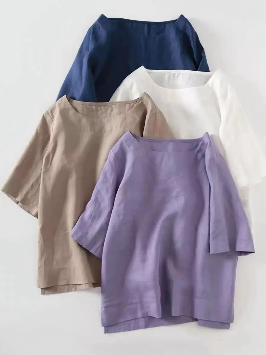 linen-cotton-blend-round-neck-short-sleeve-women's-t-shirt-sun-protection-face-veil-mask-pure-color-japanese-style-top