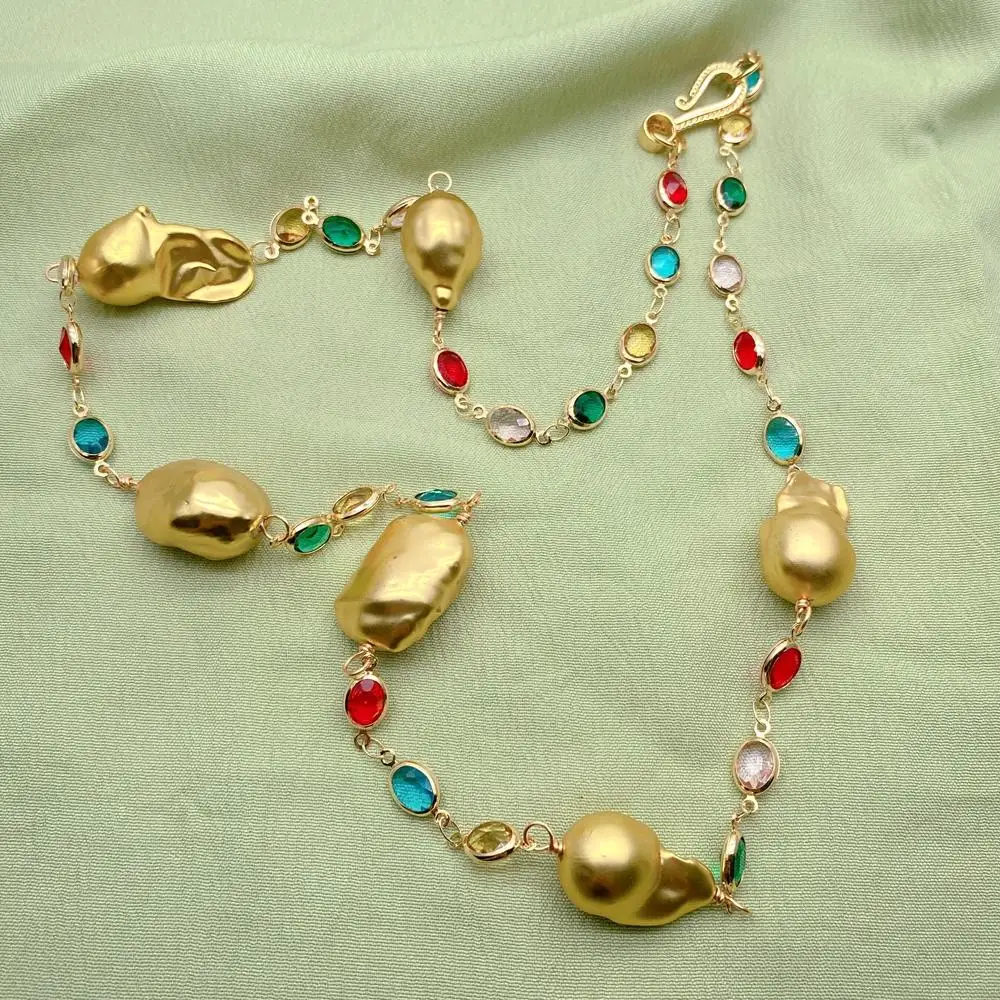

yygem 15x22mm Freshwater Gold Plated Baroque Pearl 6x8mm Multi Color Crystal Rosary Chain Station Necklace 26"