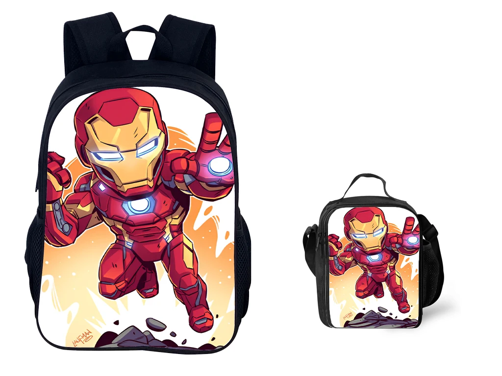 

NEW Iron Man 2 in 1 Canvas Bookbag and Reusable Lunch Box Set-Student Classic Causal Backpack for School Travel